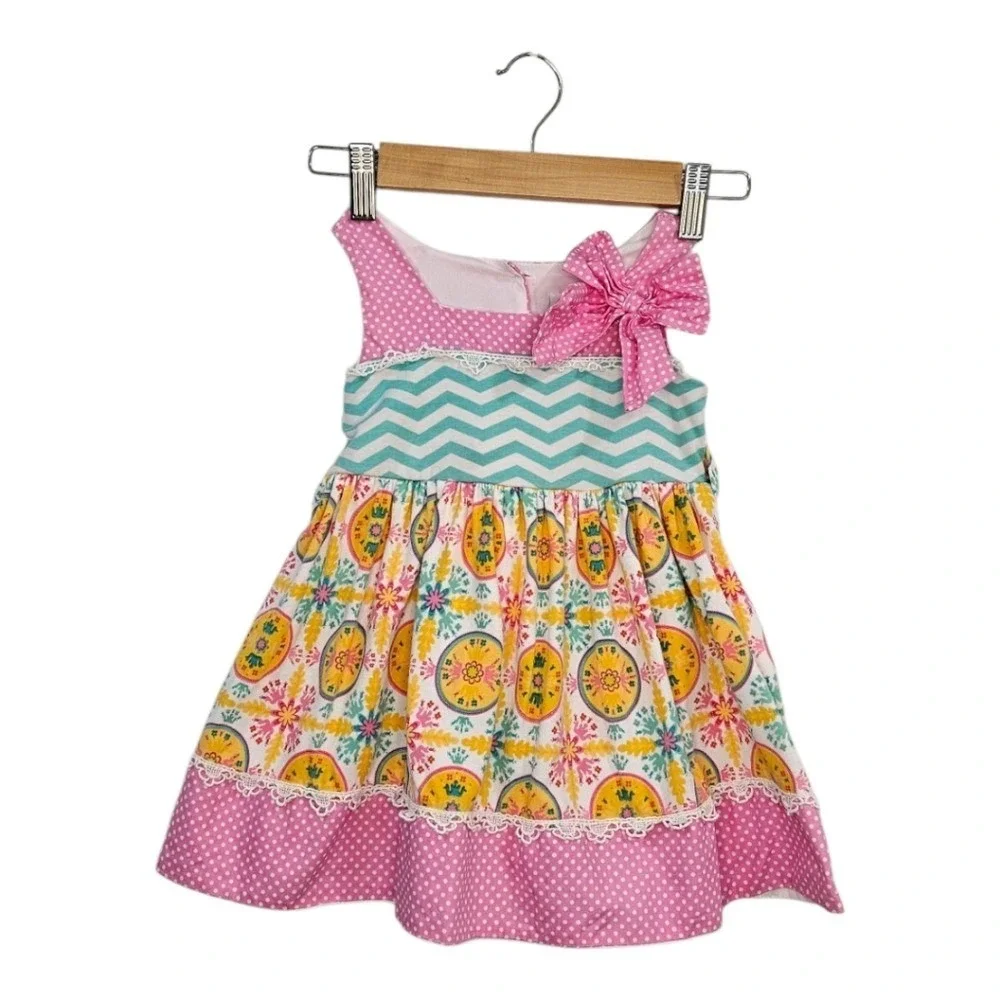 Counting Daisies Girls Pink Cotton Fit & Flare Dress 2T Chevron‎ Polka Dot Bow